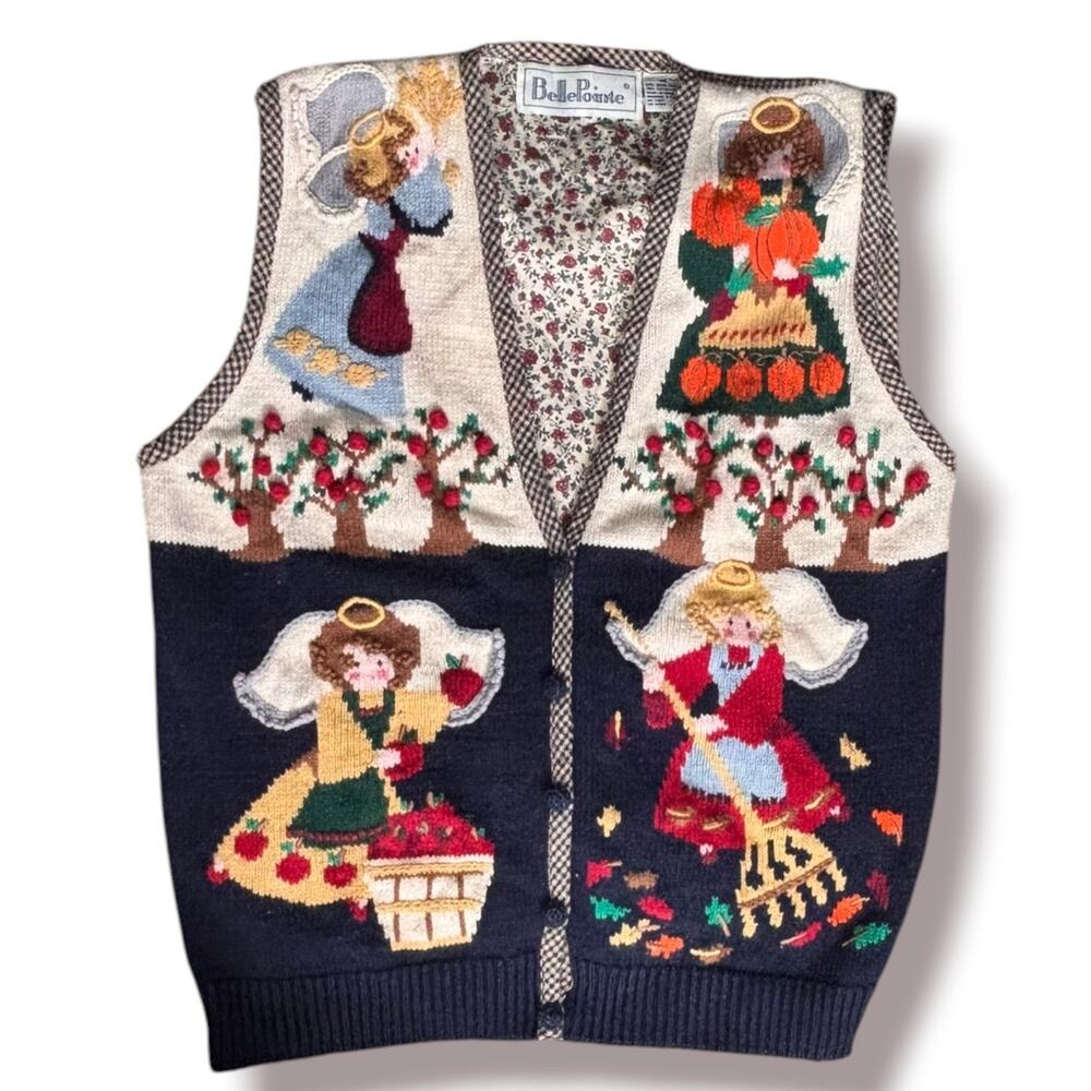 Vintage Autumn Angel Apple Harvest Sweater Vest Pumpkin Patch Fall Farmhouse